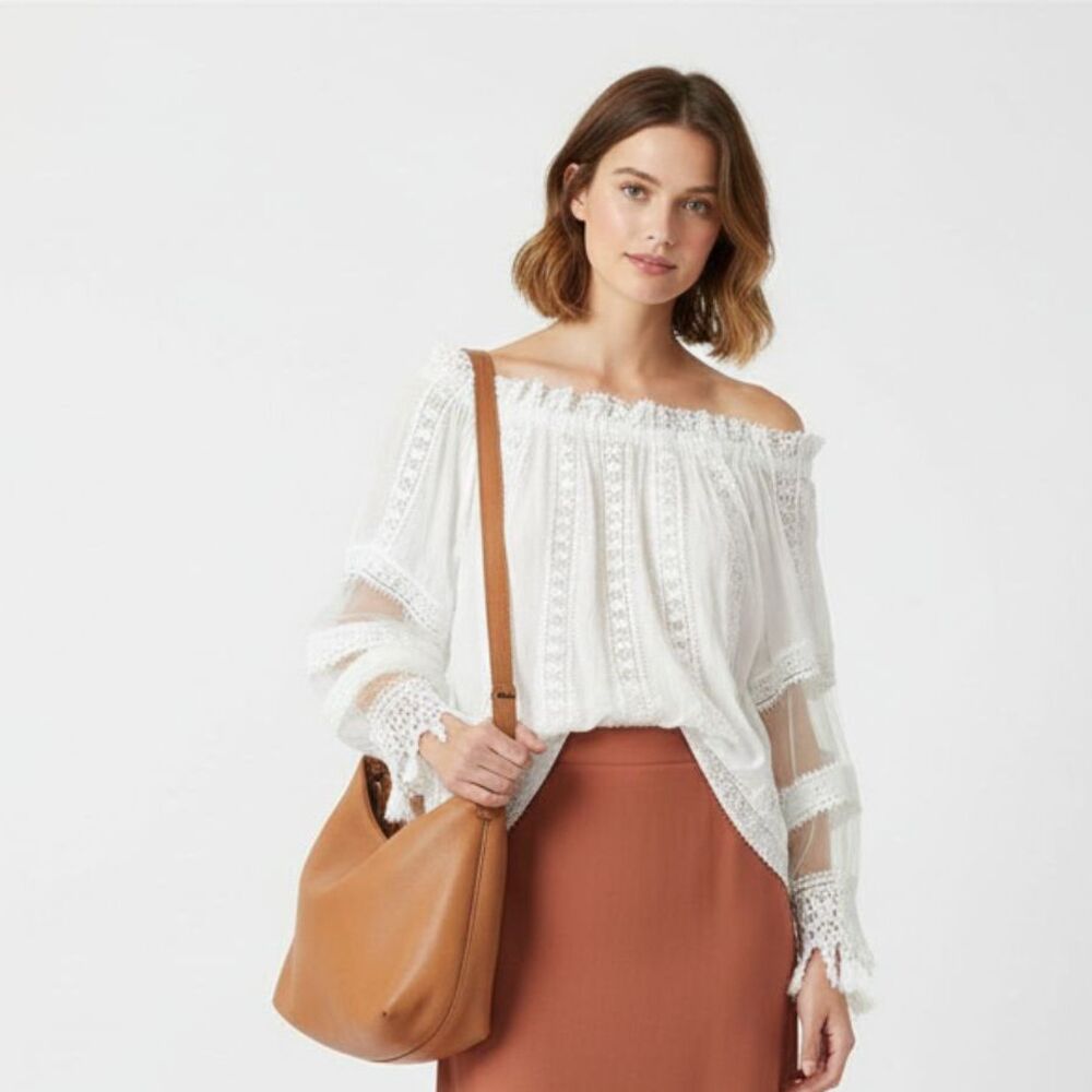 Vici White Crochet Lace Boho Peasant Festival Long Sleeve Blouse‎ Top S